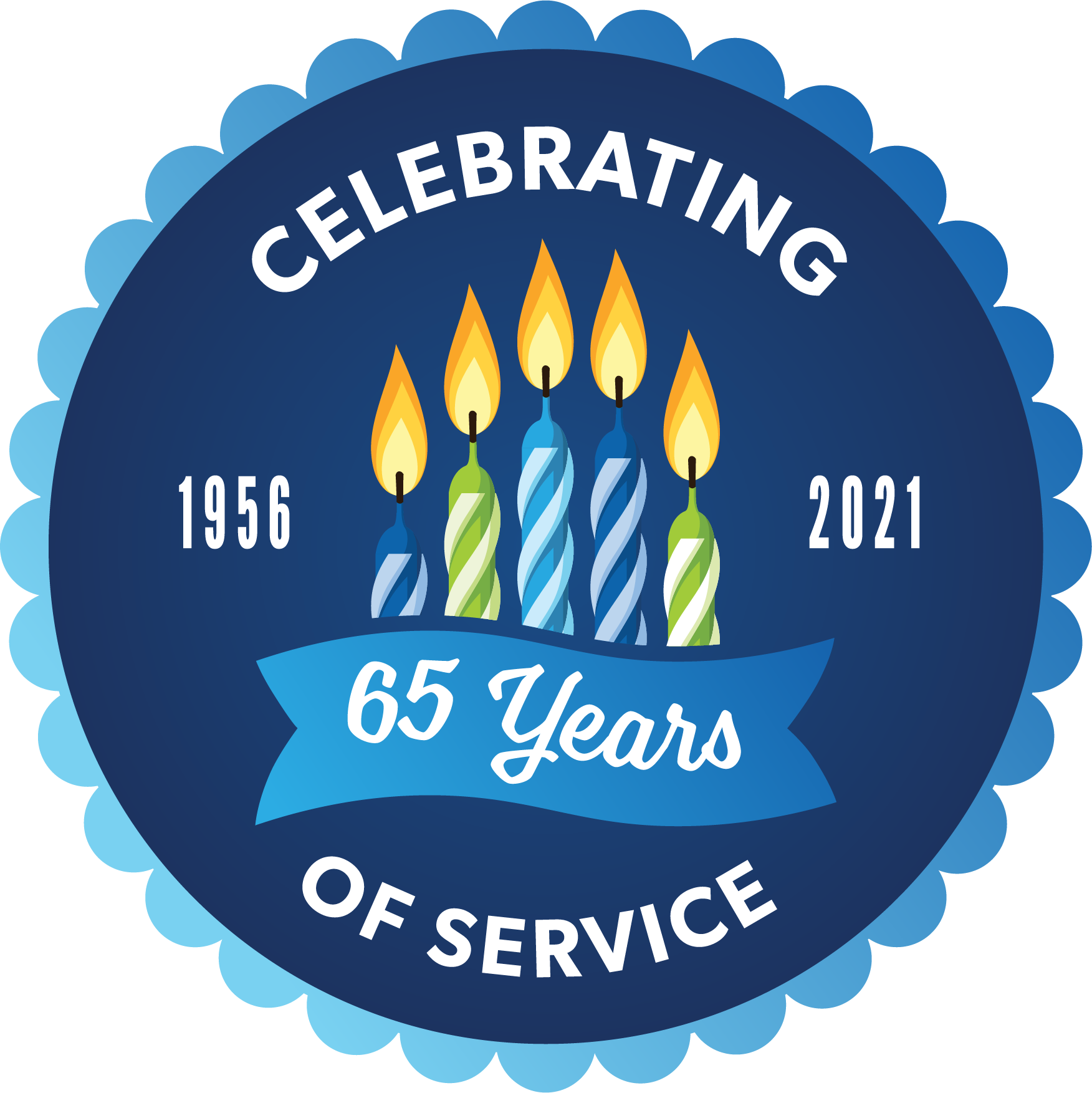 Celebrating 65 Years of Service 1956-2021 birthday celebration logo